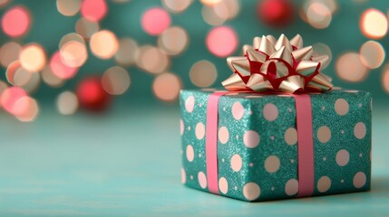 Teal gift box with pink ribbon and a silver bow against a bokeh background.