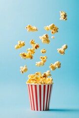 Bursting golden popcorn flying out from red-and-white striped cup