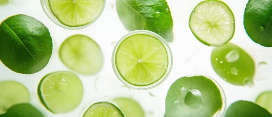 Fresh lime slices and green leaves create a refreshing background.