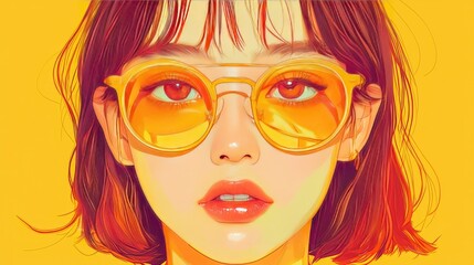 Fototapeta premium Portrait of a young woman with short brown hair and yellow sunglasses.