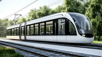 Fototapeta premium Modern Electric Tram Travels Through Lush Green Landscape, Eco-Friendly Transportation Solution.