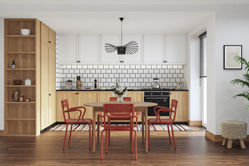 Studio room interior with lounge zone and cooking area furnished with sofa and dining table. Modern design solution, 3d rendering