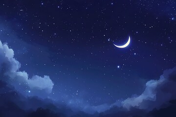 Discover the enchantment of a starry night sky with a glowing crescent moon illuminating the clouds