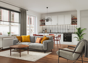 Studio room interior with lounge zone and cooking area furnished with sofa and dining table. Modern design solution, 3d rendering