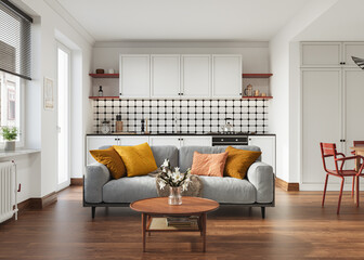 Studio room interior with lounge zone and cooking area furnished with sofa and dining table. Modern design solution, 3d rendering