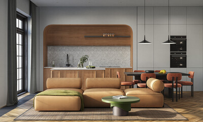 Studio room interior with eating space and lounge zone with gray walls. Modern design solution, 3d rendering