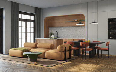 Studio room interior with eating space and lounge zone with gray walls. Modern design solution, 3d rendering