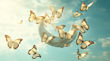 Naklejka premium A crescent moon surrounded by a swarm of white butterflies flying against a bright blue sky
