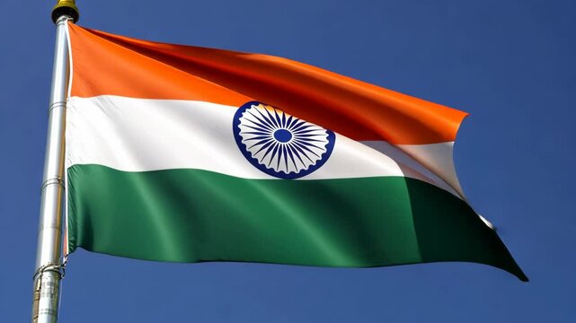 The Indian flag waves proudly in the wind on a clear blue day