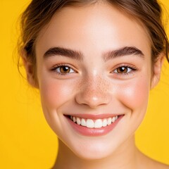 A young woman with a radiant smile and natural beauty against a vibrant yellow background.