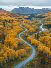 Fototapeta premium A winding road with trees on both sides and a river in the background