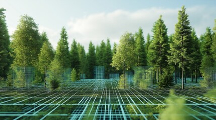 Digital grid mapping over a vibrant green forest suggests smart environmental data management for industry.