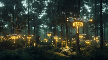 A dense pine forest is softly lit by numerous glowing lantern structures for a mysterious atmosphere.