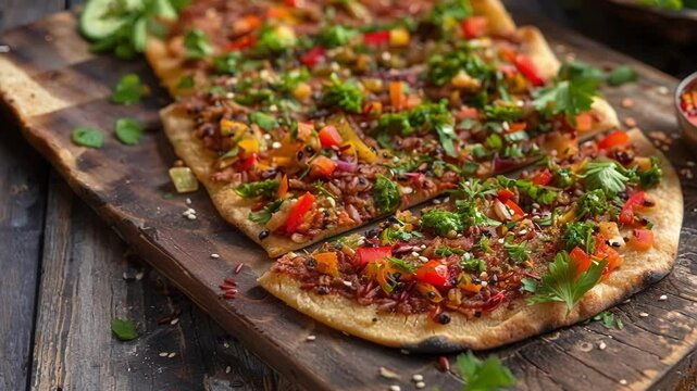 Lahmacun, a turkish pizza topped with minced meat, vegetables and herbs is lying on a rustic wooden board sprinkled with spices
