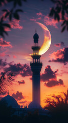 Fototapeta premium Ramadan or islamic concept wallpaper, Mosque sunset islamic frame, social media story, EID