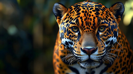 Fototapeta premium Majestic Jaguar Close-Up: A Wildcat's Intense Gaze, Detailed Rosette Coat, and Powerful Stance in its Natural Habitat