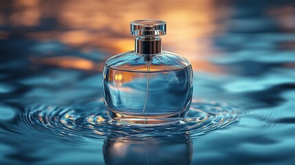 Glass Perfume Bottle Floating on Blue Water with Ripples