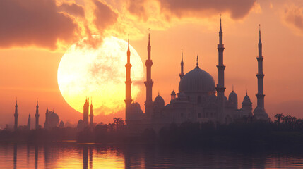 Fototapeta premium Ramadan or islamic concept wallpaper, Mosque sunset islamic frame, social media story, EID