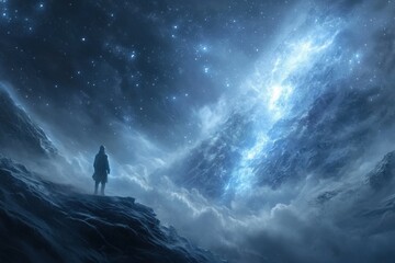 A person stands on a mountain top, looking out at a vast, starry sky