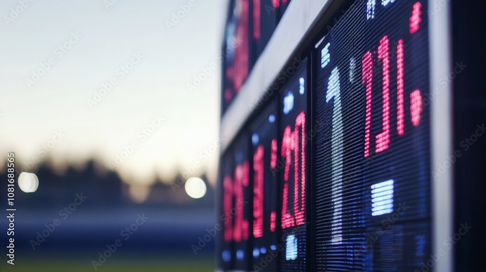 Poster a football field's scoreboard with a focus on the digital display and structural details, outdoor se