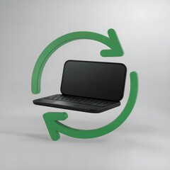 3d render of laptop or notebook computer illustration isolated. Green circle arrows around symbolising trade in. White background