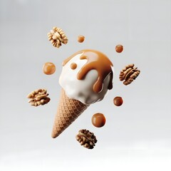 A 3d illustration or render of an ice-cream cone. Isolated icon with caramel and walnuts around.