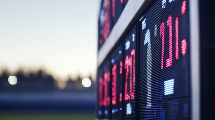 A football field's scoreboard with a focus on the digital display and structural details, outdoor setting with clear sky, Bold style