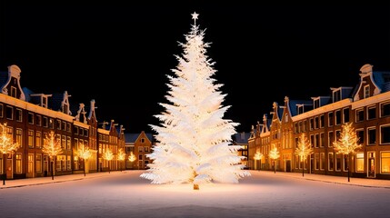 A large, white Christmas tree stands in the center of a snow-covered town square at night, illuminating the surrounding buildings with its warm glow.