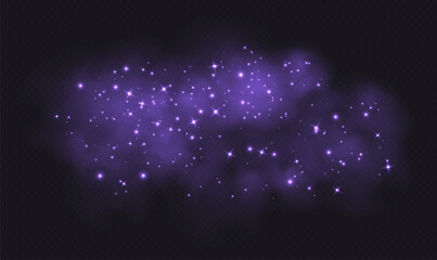 Purple magic smoke with stars and sparkles, fog with glowing particles, colorful vapor with star dust. Fantasy haze overlay. Vector illustration. © Likanaris