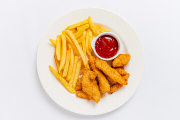 french fries with chicken nuggets and ketchup