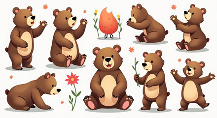 Cute Cartoon Bear Illustration Set with Playful Bears and Forest Elements, Ideal for Children's Books and Educational Materials