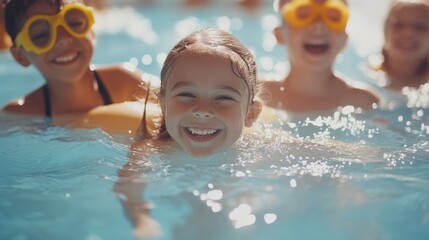 Happy girl with yellow goggles in a swimming pool