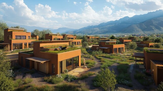 A sustainable residential neighborhood built with natural, locally sourced materials like adobe and wood, featuring green roofs and passive solar heating. 