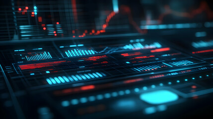 Obraz premium Abstract 3D Digital Interface Displays Data with Red and Blue Glowing Graphs and Charts in Futuristic Style