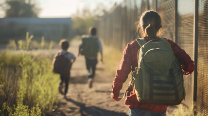 A family of illegal immigrants runs along a fence on a border similar to the one between Mexico and USA