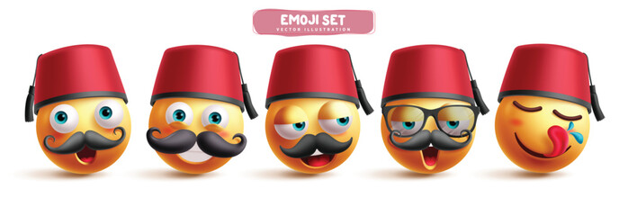 Turkish emoji characters vector set. Emojis turkey europe clip art character in happy, smiling, tired and cravings satisfied facial expression wearing mustache and red fez hat collection. Vector 