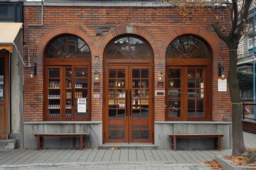 A brick building with a wooden door and two arched windows