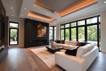 Fototapeta premium A large white couch sits in a living room with a fireplace