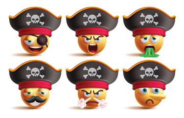 Pirate emoji characters vector set. Emoji captain seafarer clip art character in tired, angry, vomit, exhausted, mad and pinocchio facial expression wearing skull hat collection. Vector illustration 