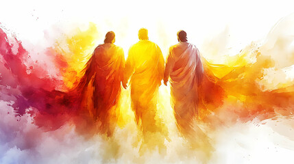 Abstract Watercolor Painting of Three Figures Walking Together in Radiant Light, a Spiritual Journey Depicted with Warm Colors and Dynamic Brushstrokes.