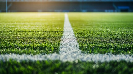 A football goal line with grass field, stadium setting with dramatic lighting, Dramatic style
