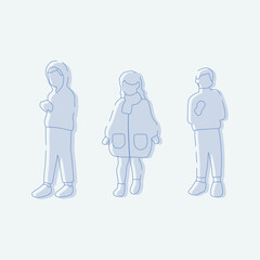 flat minimal children male and female vector illustration in winter clothing concept isolated set collection. Outline with silhouette shadow. For architecture rendering, design, info graphic, media