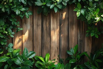 Fototapeta premium A wooden fence with green leaves on either side