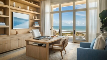 Fototapeta premium Beach-themed study room with coastal colors, light wood desk, natural textures, ocean view, relaxing and serene ambiance