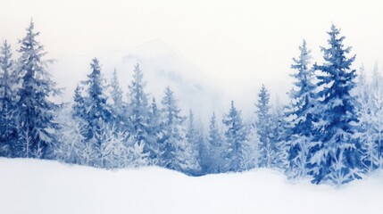Obraz premium Snow-covered pine trees stand tall in a serene winter landscape, AI