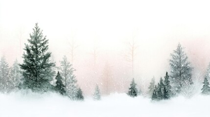 Fototapeta premium Snow-covered forest with misty trees and a serene winter atmosphere, AI