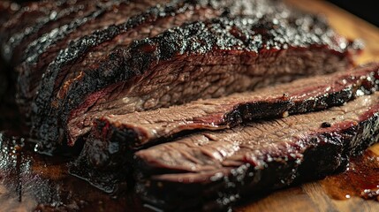 Close-up of freshly sliced raw brisket with rich marbling, highlighting the textures and patterns of premium meat cuts.