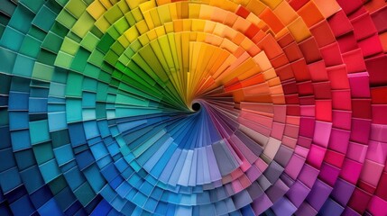 A colorful color wheel in a spiral pattern, with small squares of various shades arranged around a central black hole.