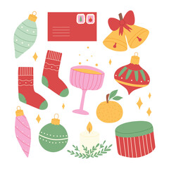 Set of Christmas elements isolated on white background. Vector illustration. Collection of Christmas decorations.