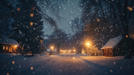 Fototapeta premium Cozy snowy village illuminated by warm lights on a clear Christmas night, snow gently falling under a starlit sky, magical and serene